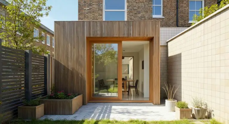 Rear extension with vertical slatted timber cladding