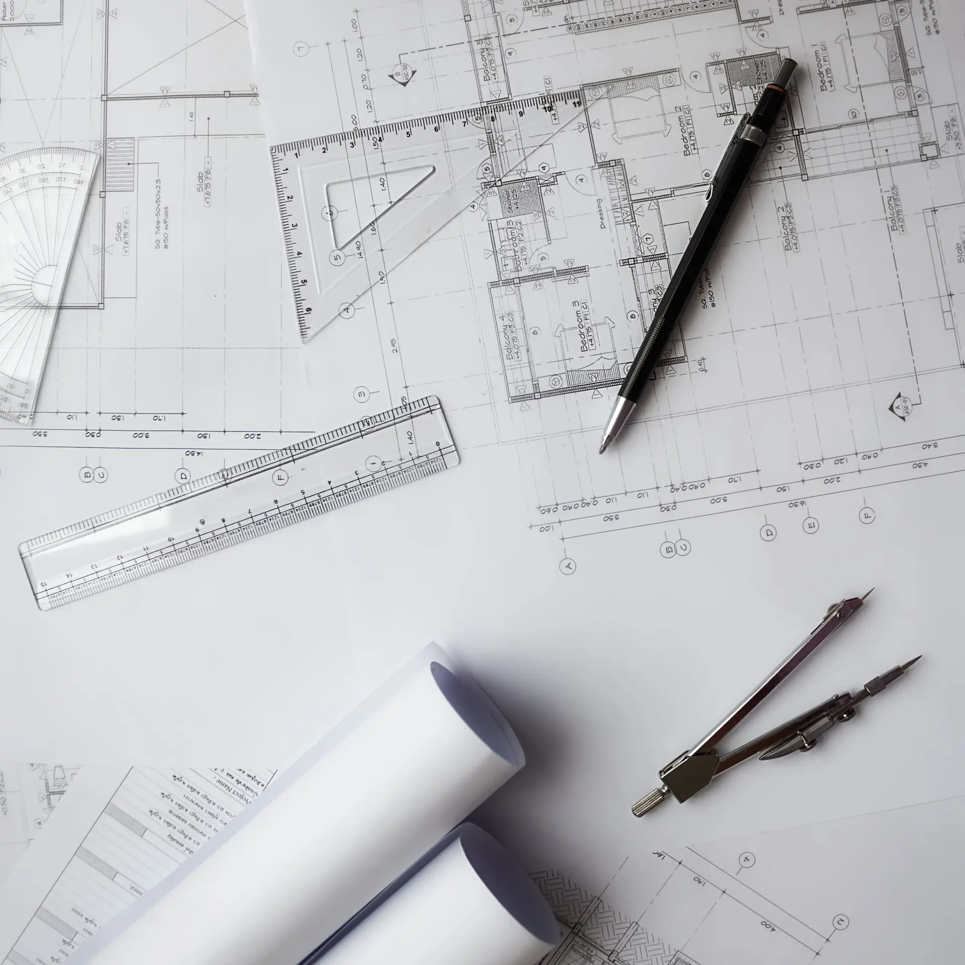 Image of engineering objects on workplace top viewConstruction | Anderson Architects Drawing for full services